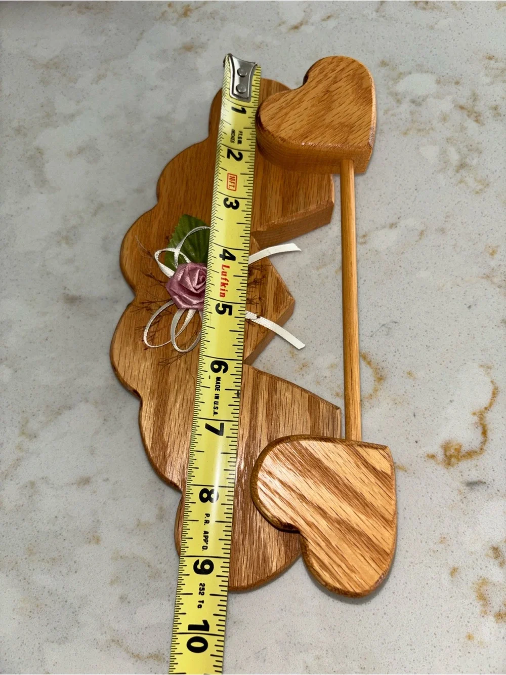 Vintage Handcrafted Brown Wood Heart Wall Hanging /towel holder with Rose Accent